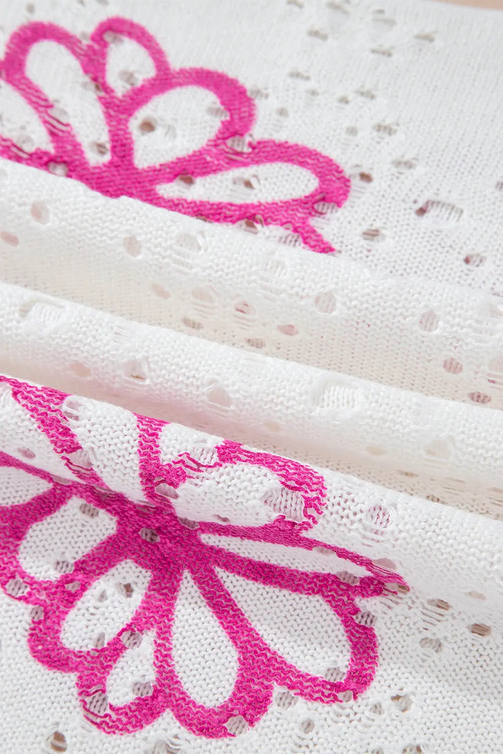 White Contrast Flower Print Eyelet Drop Shoulder Sweater - eAura