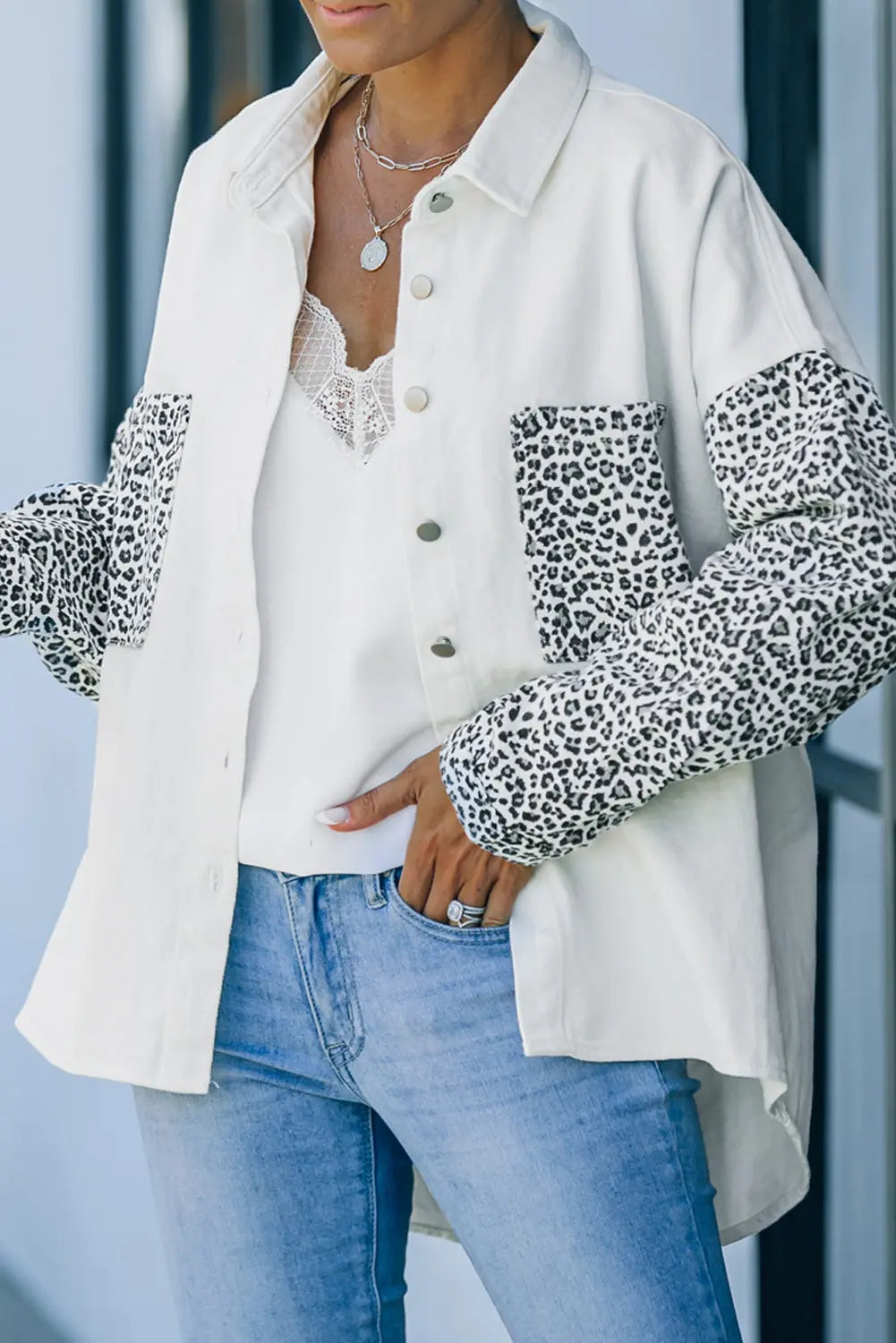 White Contrast Leopard Denim Jacket - eAura