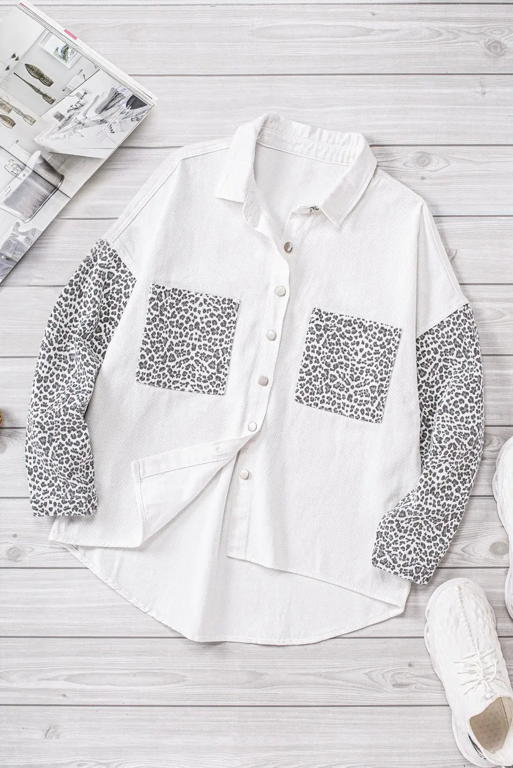 White Contrast Leopard Denim Jacket - eAura