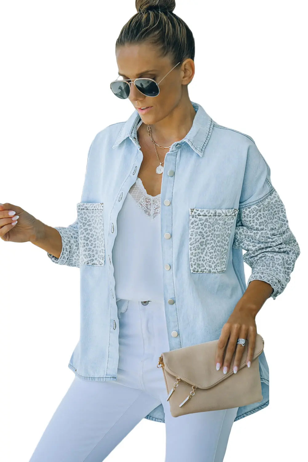 White Contrast Leopard Denim Jacket - eAura