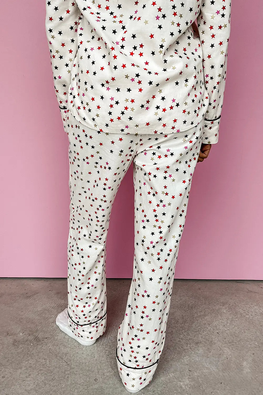 White Contrast Pipping Star Long Sleeve and Trousers Pyjamas Set eAura