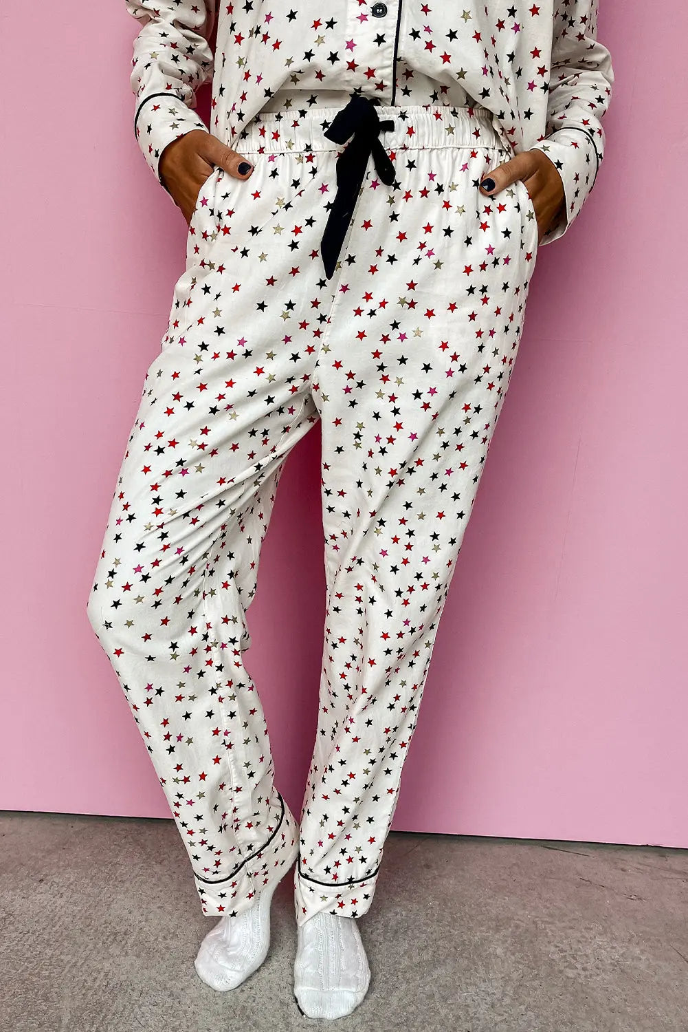 White Contrast Pipping Star Long Sleeve and Trousers Pyjamas Set eAura