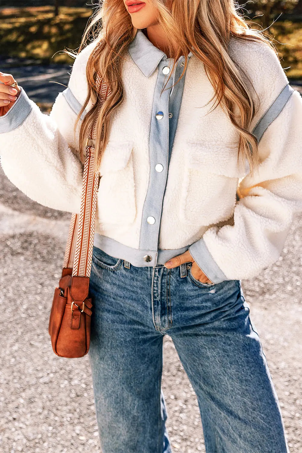 White Contrast Trim Buttoned Sherpa Jacket Beagle Boutique Fashion Outlet