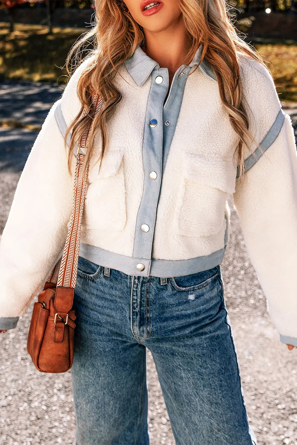 White Contrast Trim Buttoned Sherpa Jacket Beagle Boutique Fashion Outlet