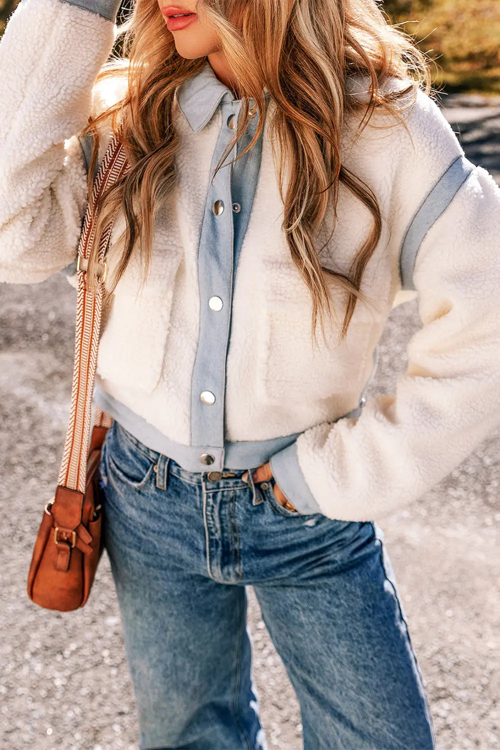 White Contrast Trim Buttoned Sherpa Jacket Beagle Boutique Fashion Outlet