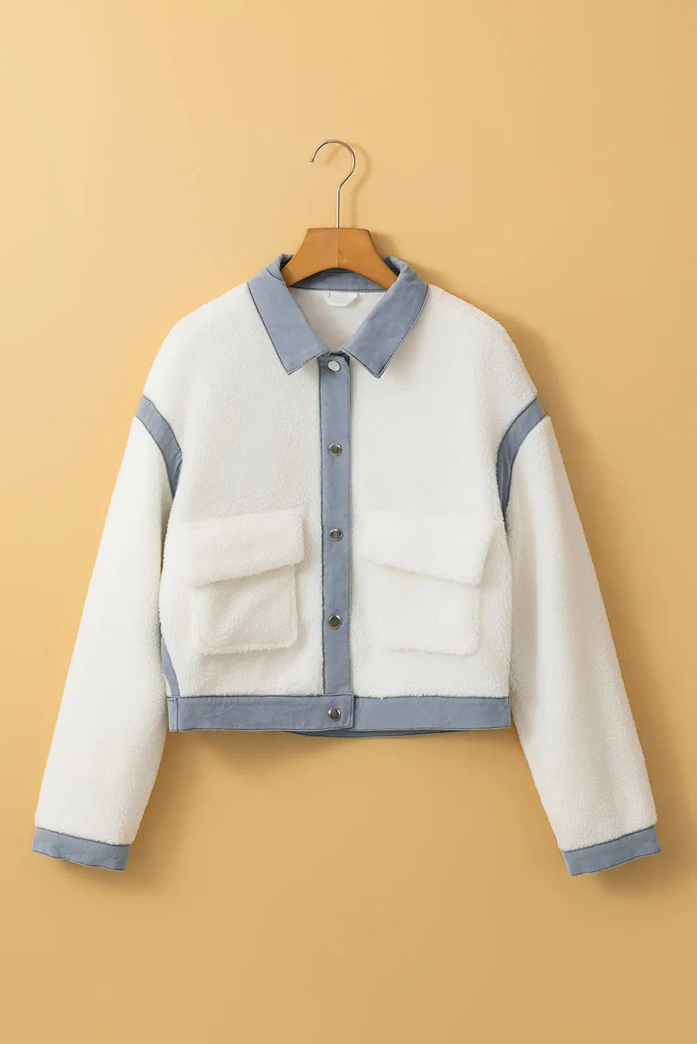 White Contrast Trim Buttoned Sherpa Jacket Beagle Boutique Fashion Outlet