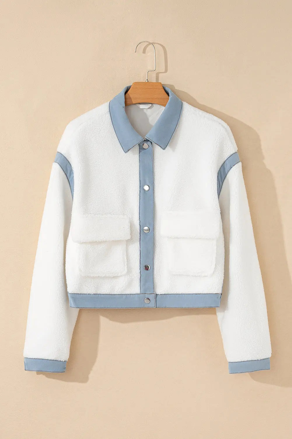 White Contrast Trim Buttoned Sherpa Jacket Beagle Boutique Fashion Outlet