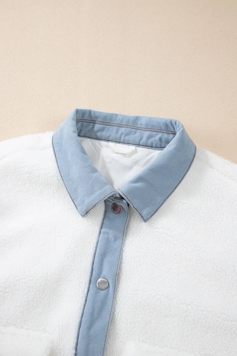 White Contrast Trim Buttoned Sherpa Jacket Beagle Boutique Fashion Outlet