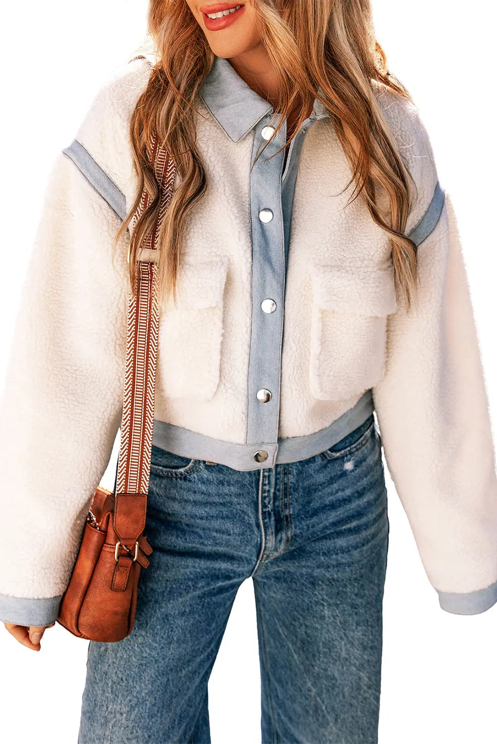 White Contrast Trim Buttoned Sherpa Jacket Beagle Boutique Fashion Outlet