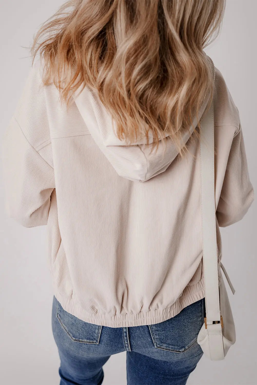 White Corduroy Drawstring Hooded Pocket Zip Up Jacket - eAura