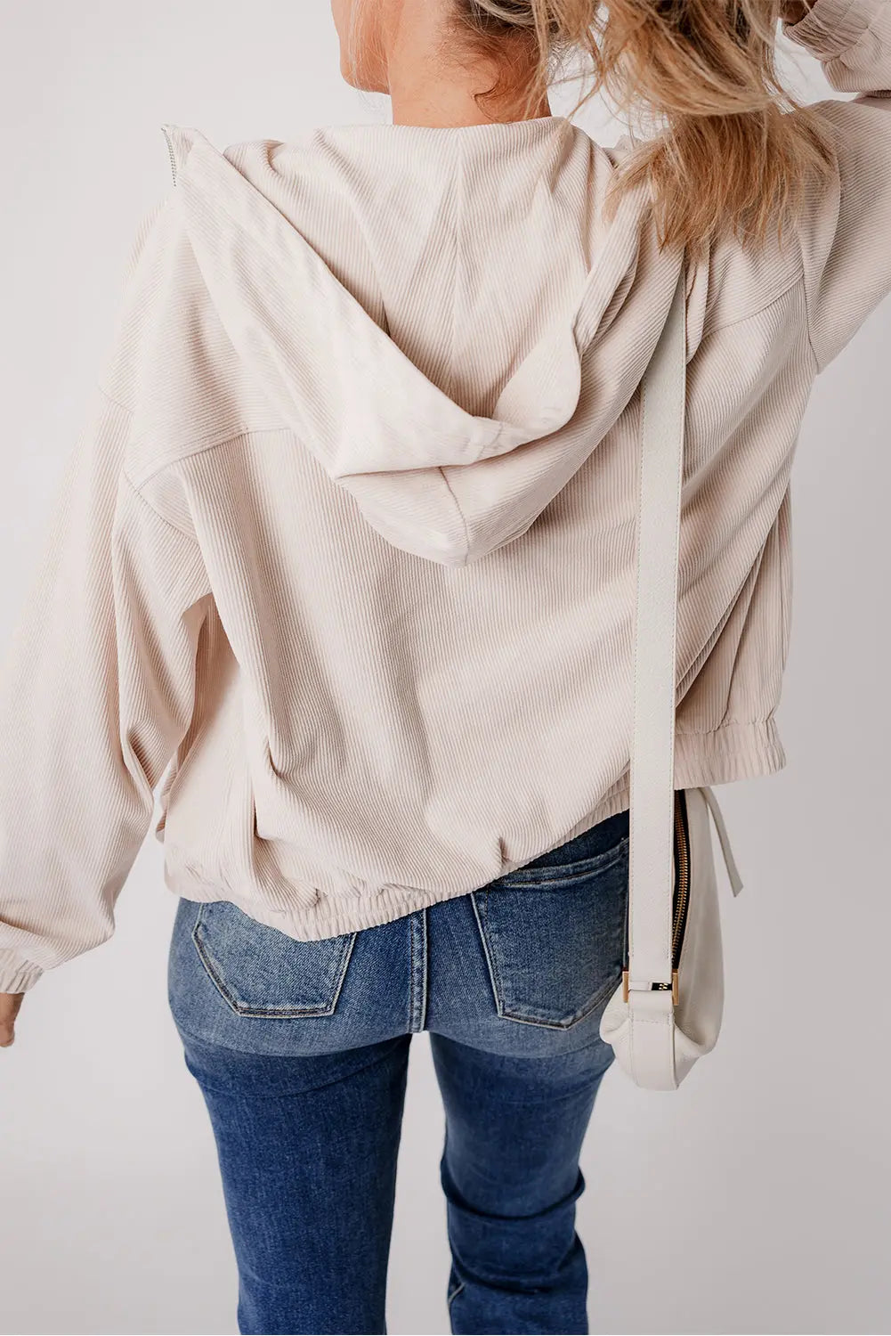 White Corduroy Drawstring Hooded Pocket Zip Up Jacket - eAura