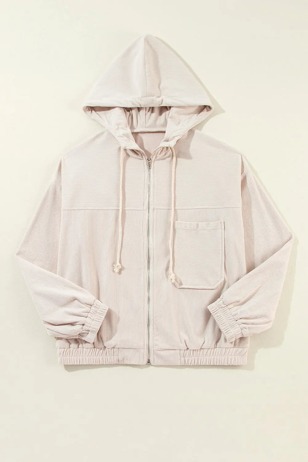 White Corduroy Drawstring Hooded Pocket Zip Up Jacket - eAura