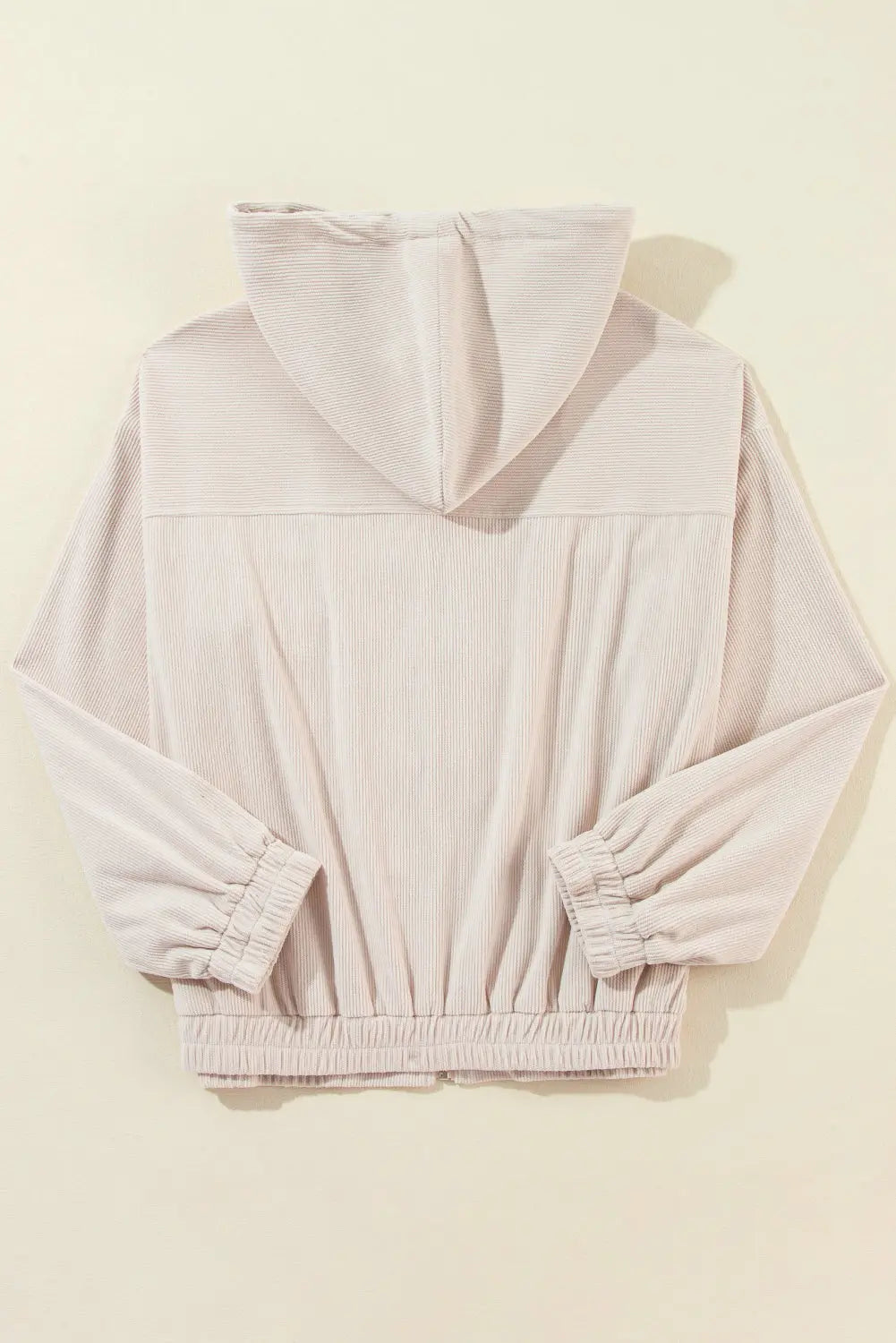 White Corduroy Drawstring Hooded Pocket Zip Up Jacket - eAura