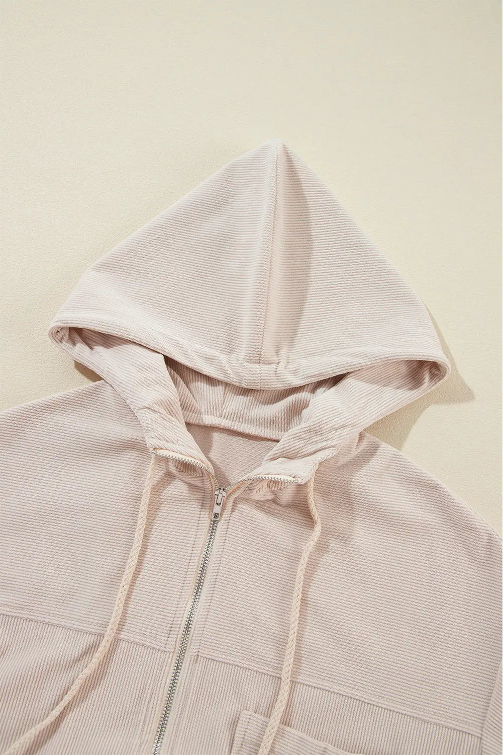 White Corduroy Drawstring Hooded Pocket Zip Up Jacket - eAura