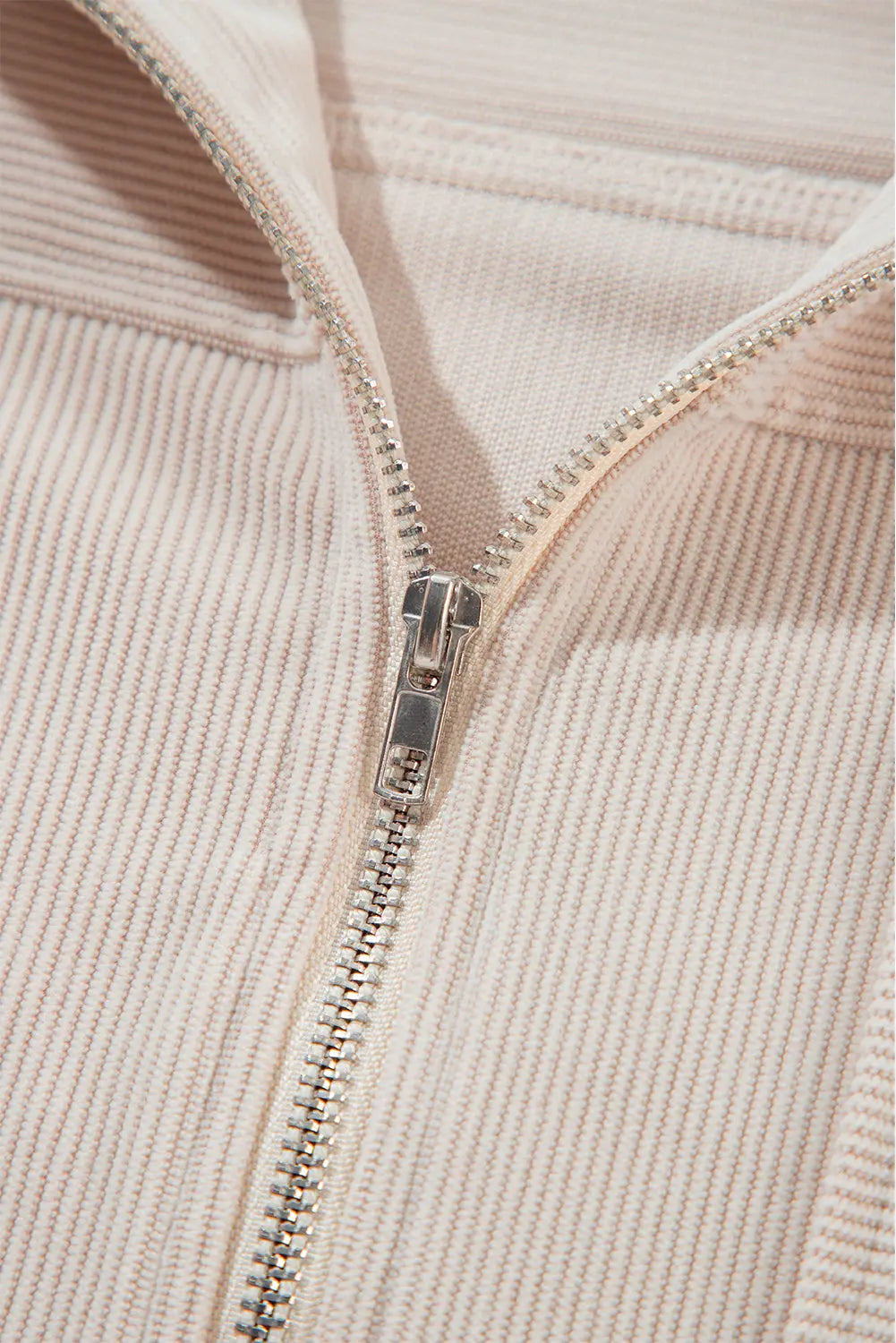 White Corduroy Drawstring Hooded Pocket Zip Up Jacket - eAura