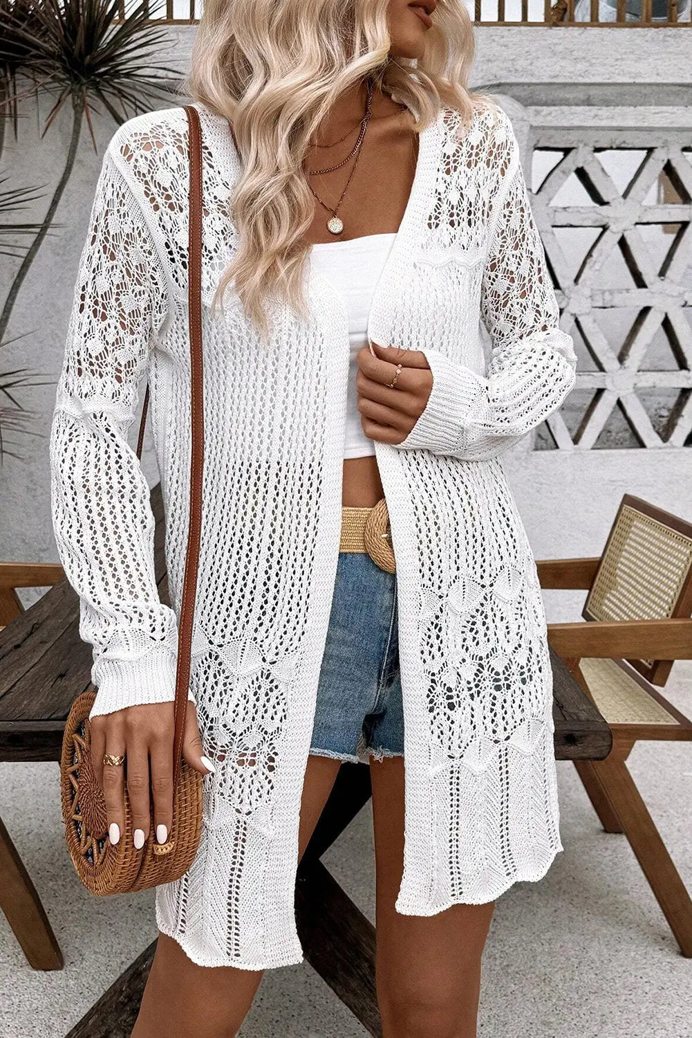 White Crochet Hollow Out Open Front Cardigan - BB Fashion Outlet
