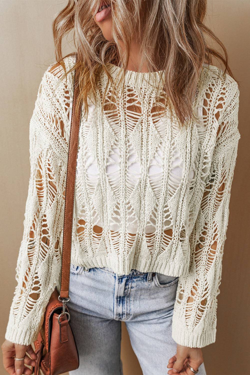 White Cut Out Crochet Crew Neck Loose Fit Sweater - eAura