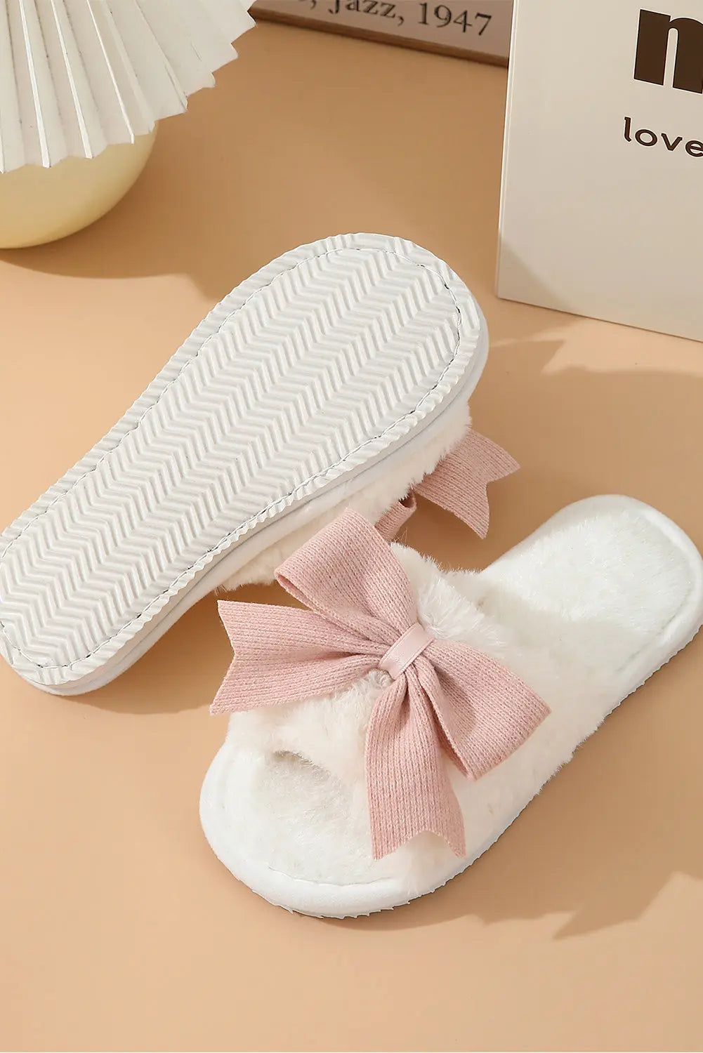 White Cute Bowknot Home Fluffy Slippers - eAura