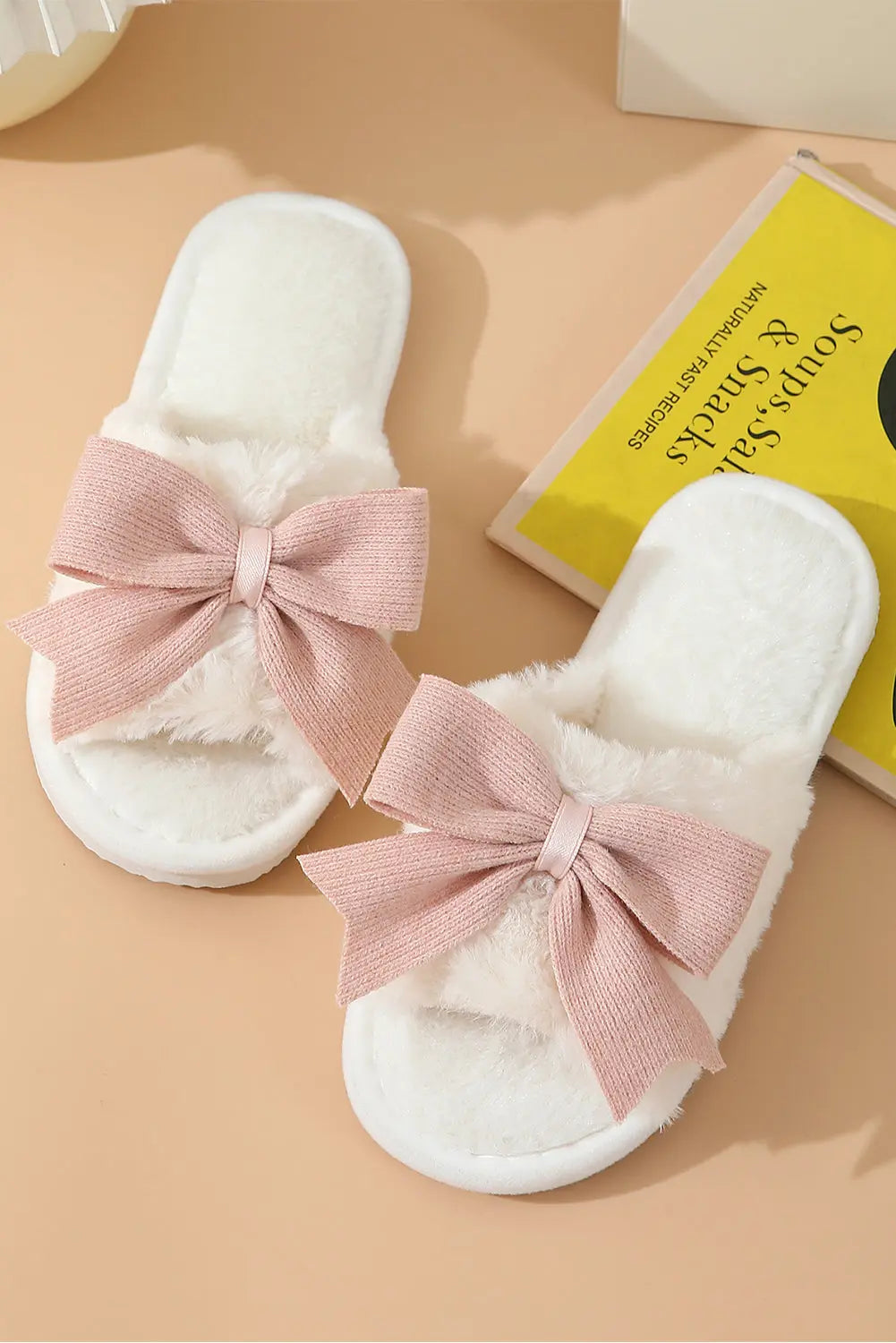 White Cute Bowknot Home Fluffy Slippers - eAura