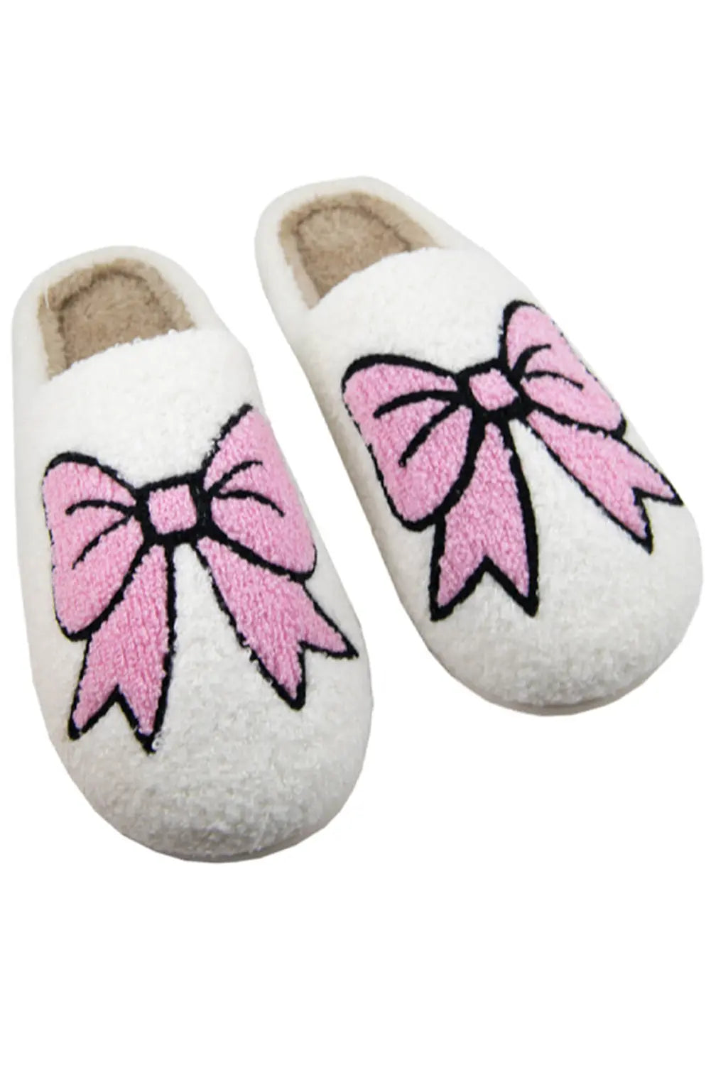 White Cute Bowknot Pattern Fuzzy Winter Home Slippers eAura