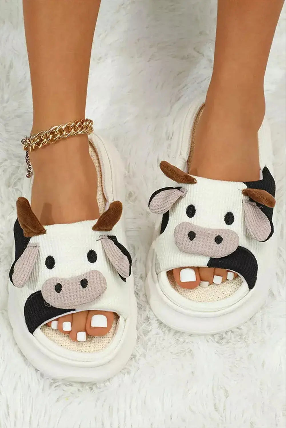 White Cute Cow Pattern Open Toe Slippers Beagle Boutique Fashion Outlet