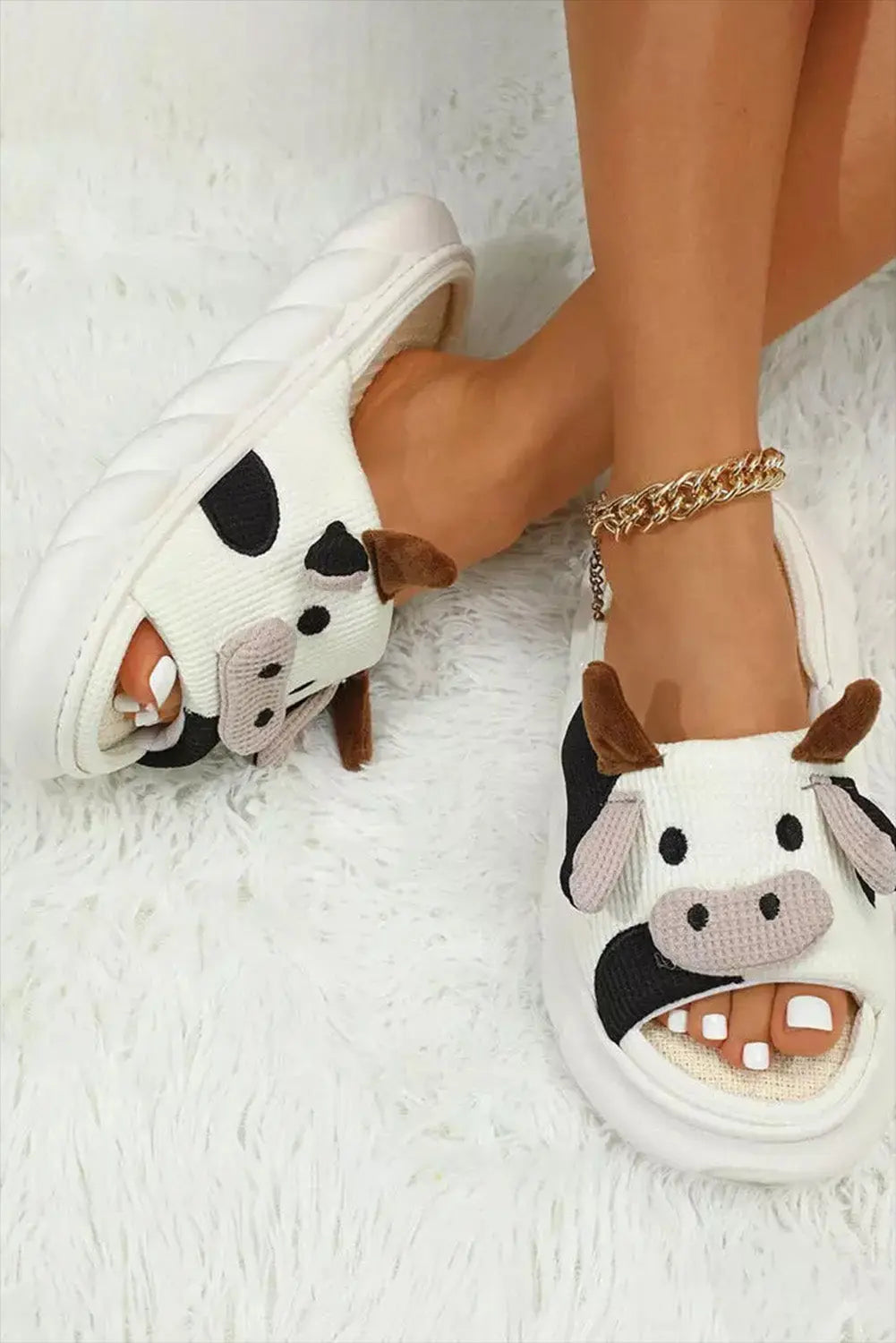 White Cute Cow Pattern Open Toe Slippers Beagle Boutique Fashion Outlet
