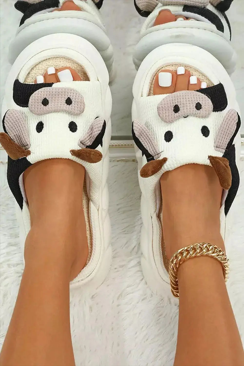 White Cute Cow Pattern Open Toe Slippers Beagle Boutique Fashion Outlet