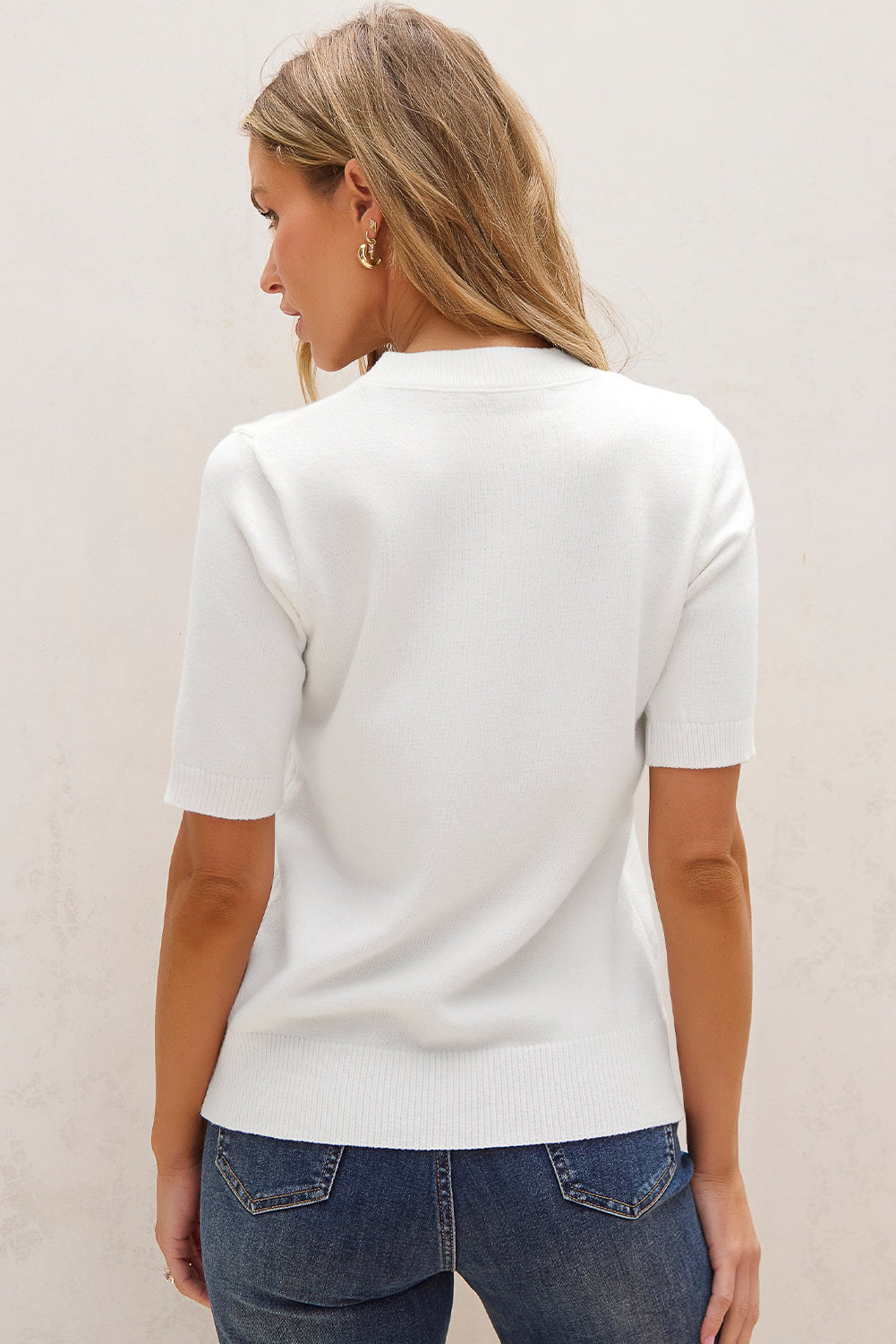 White Cute Flower Applique Short Sleeve Sweater - eAura