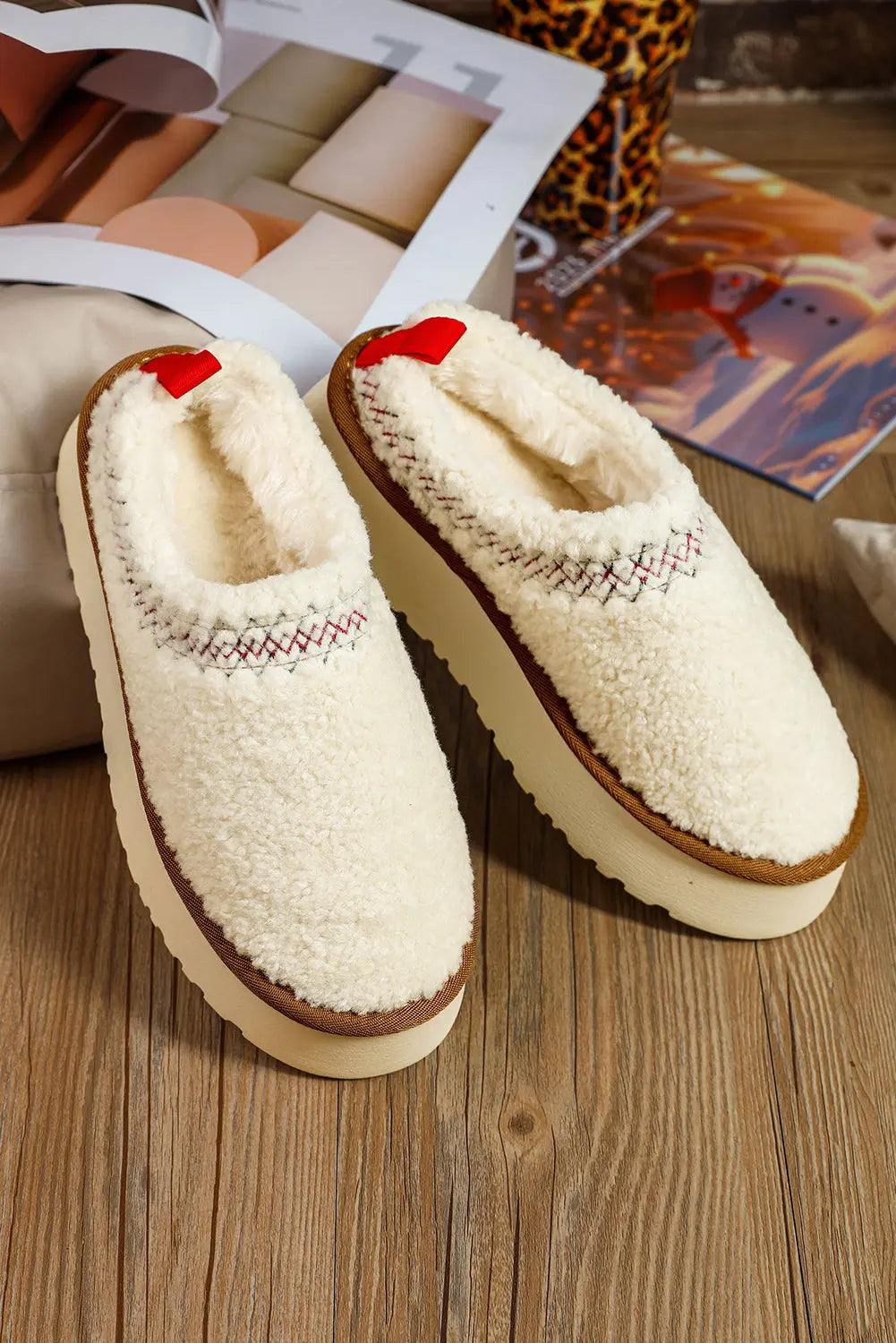 White Embroidered Sherpa Plush Thick Sole Winter Slippers Beagle Boutique Fashion Outlet