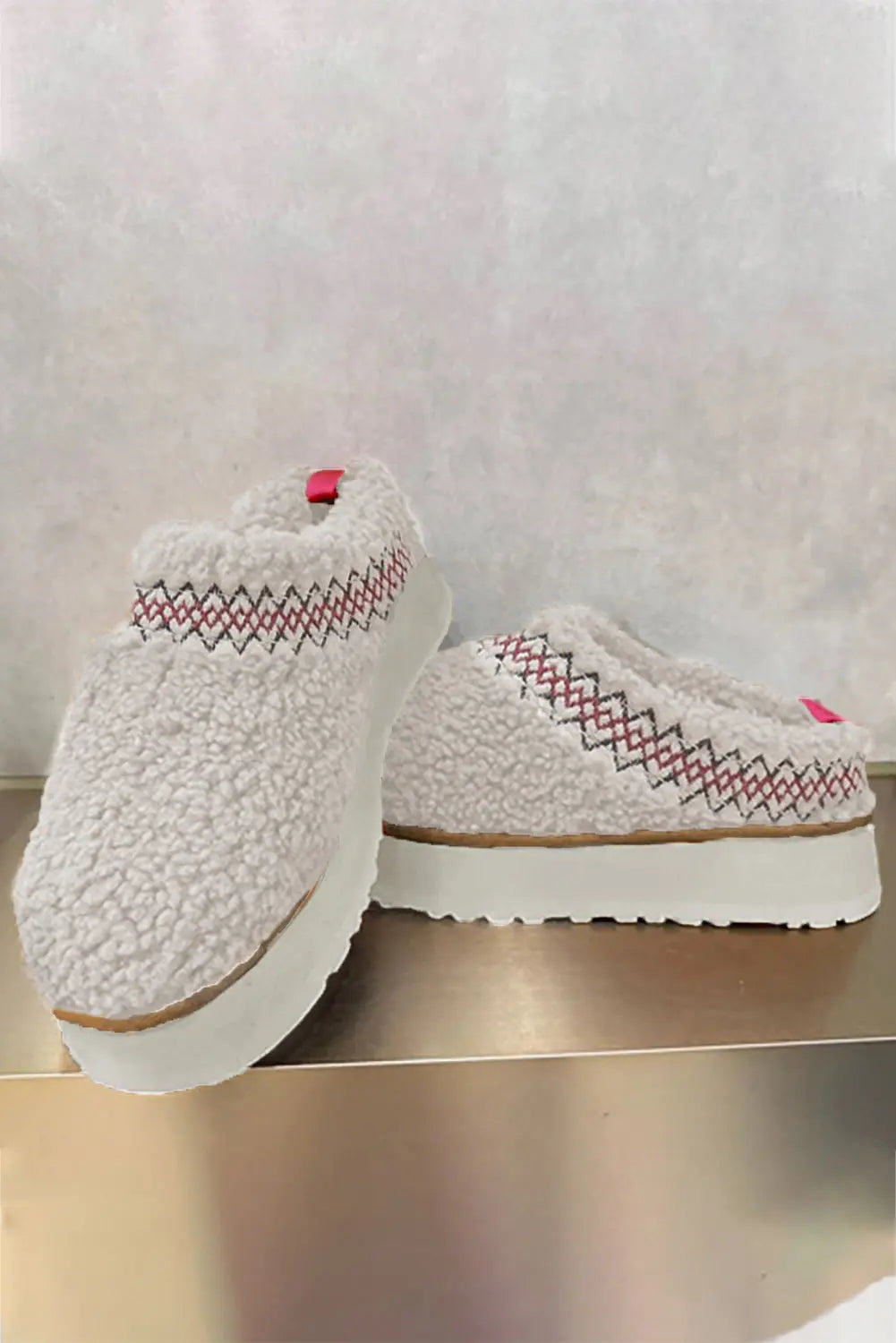 White Embroidered Sherpa Plush Thick Sole Winter Slippers Beagle Boutique Fashion Outlet
