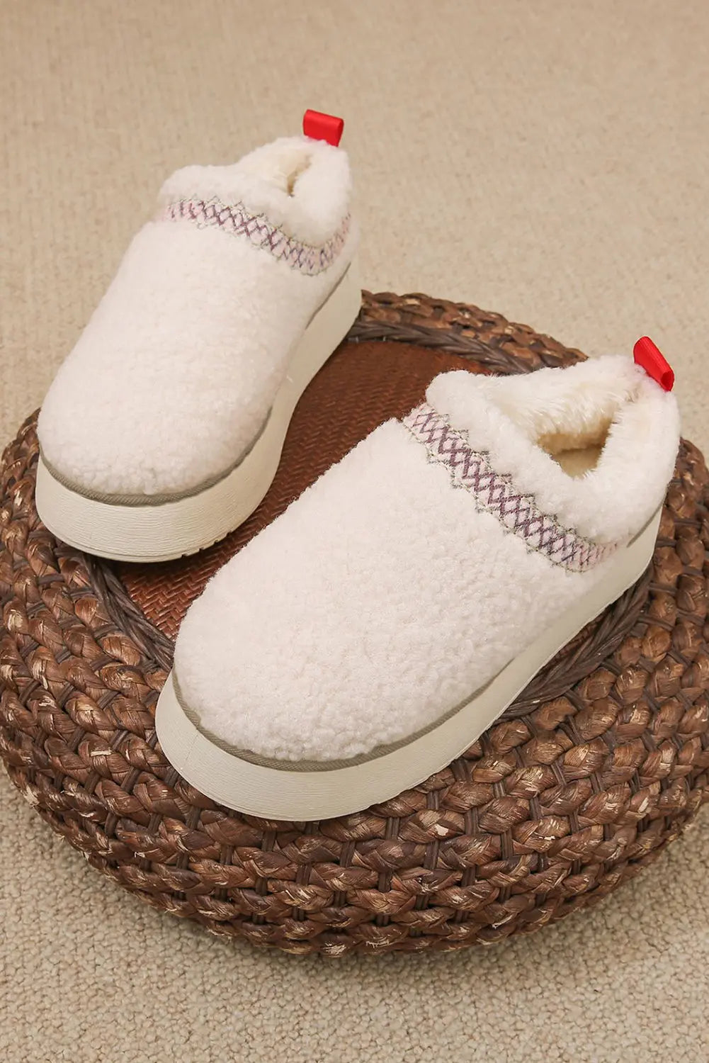 White Embroidered Sherpa Plush Thick Sole Winter Slippers - eAura