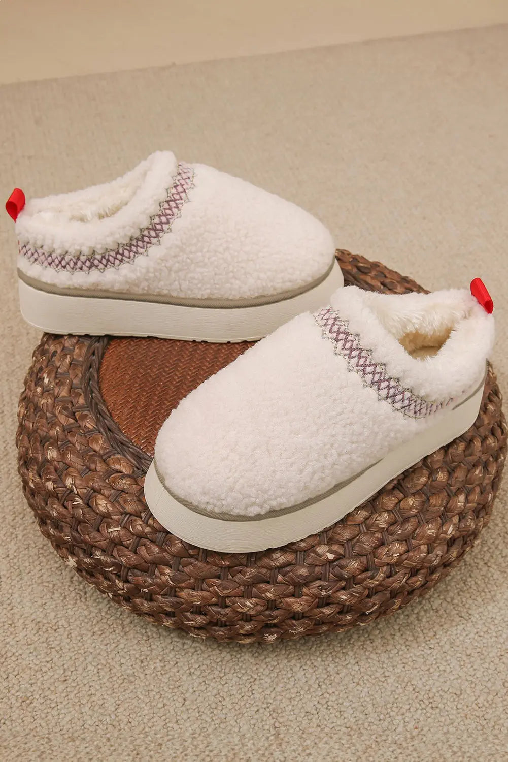 White Embroidered Sherpa Plush Thick Sole Winter Slippers - eAura