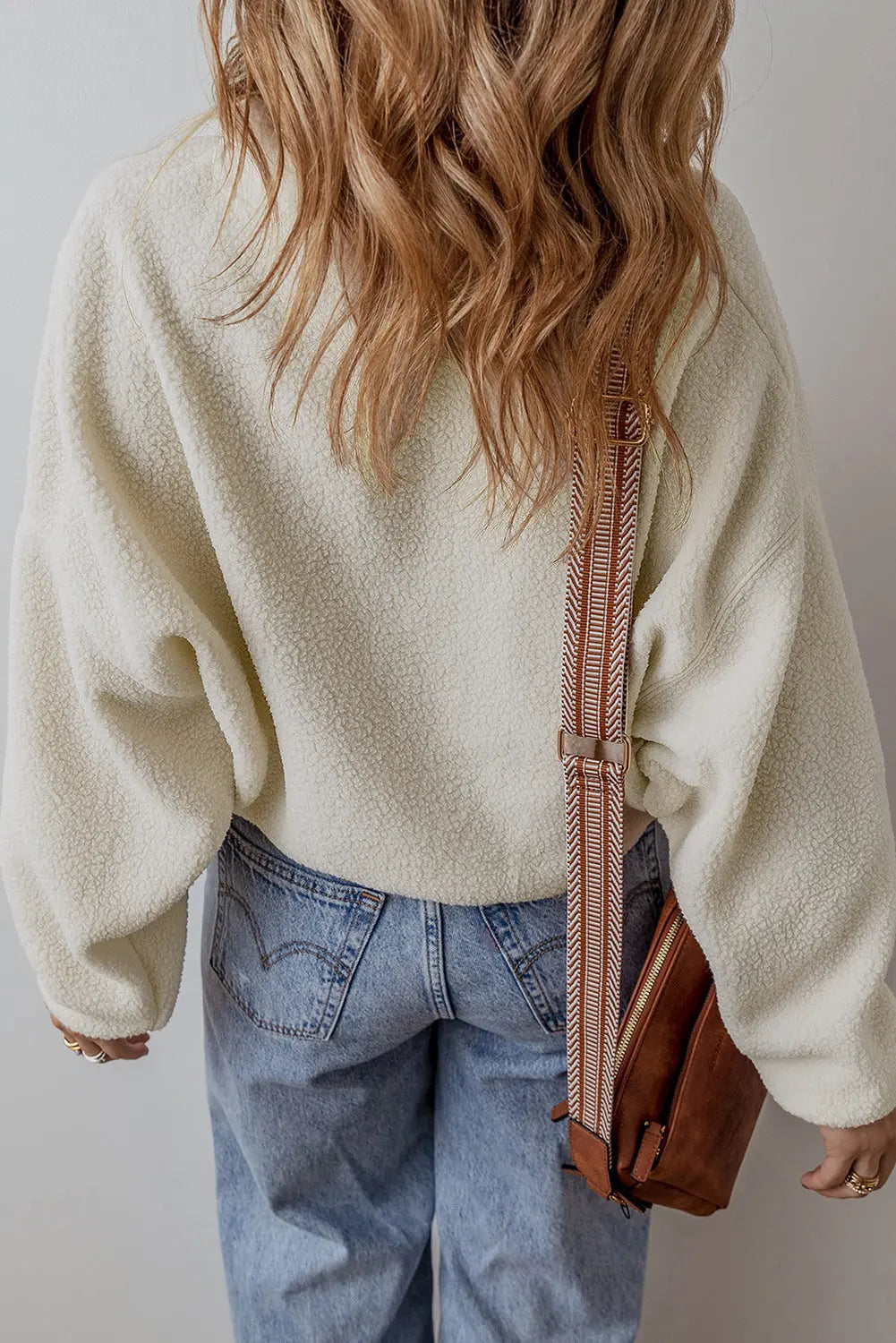 White Fleece Placket Turn-down Collar Drop Shoulder Sweatshirt Beagle Boutique Fashion Outlet