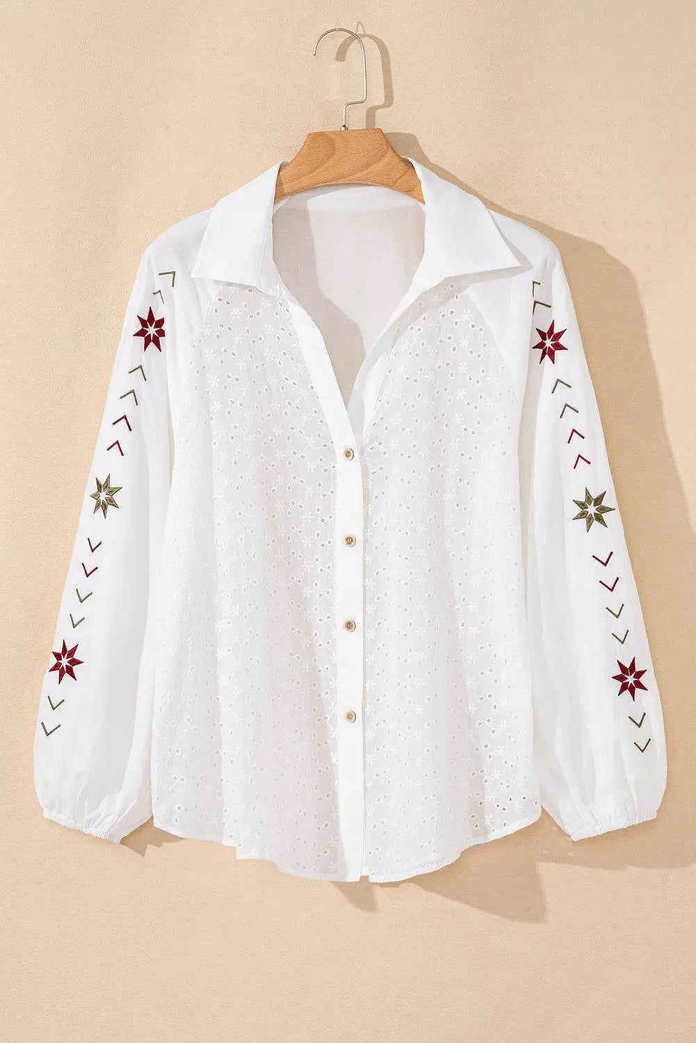 White Floral Embroidered Puff Sleeve Eyelet Patchwork Shirt - BB Fashion Outlet