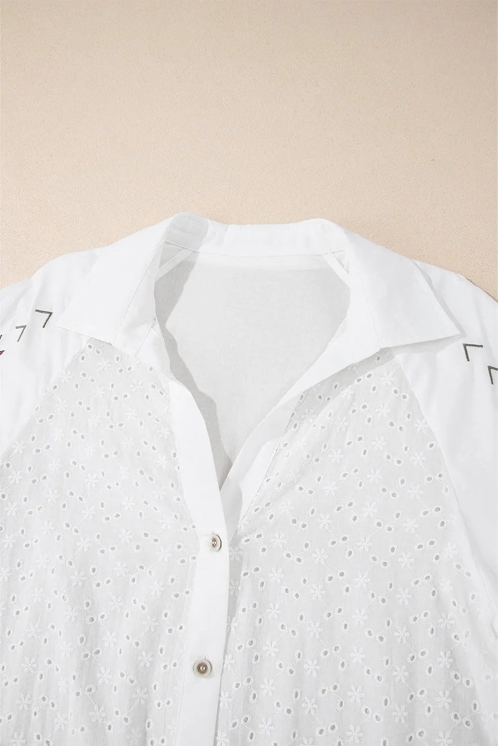 White Floral Embroidered Puff Sleeve Eyelet Patchwork Shirt - BB Fashion Outlet