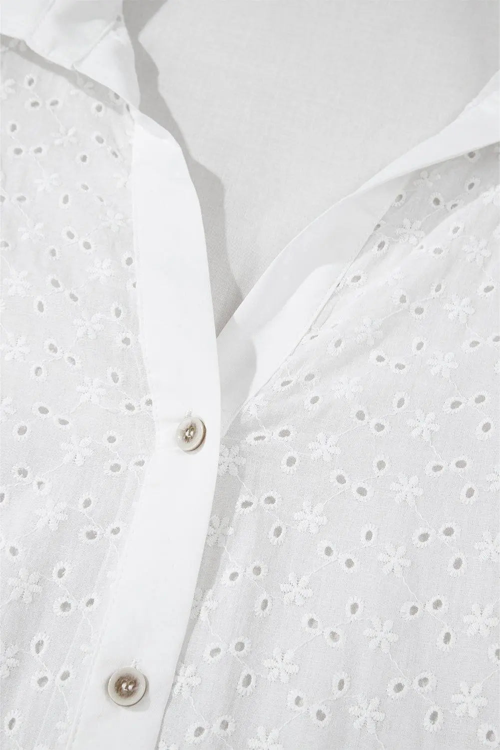 White Floral Embroidered Puff Sleeve Eyelet Patchwork Shirt - BB Fashion Outlet