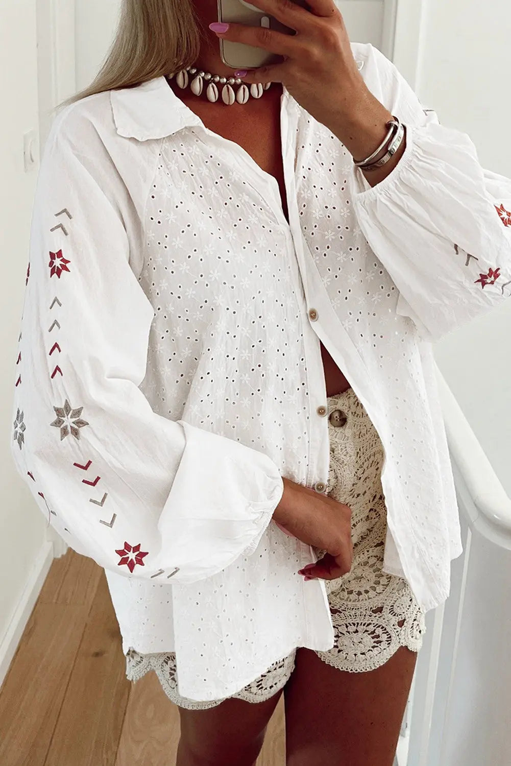 White Floral Embroidered Puff Sleeve Eyelet Patchwork Shirt - eAura