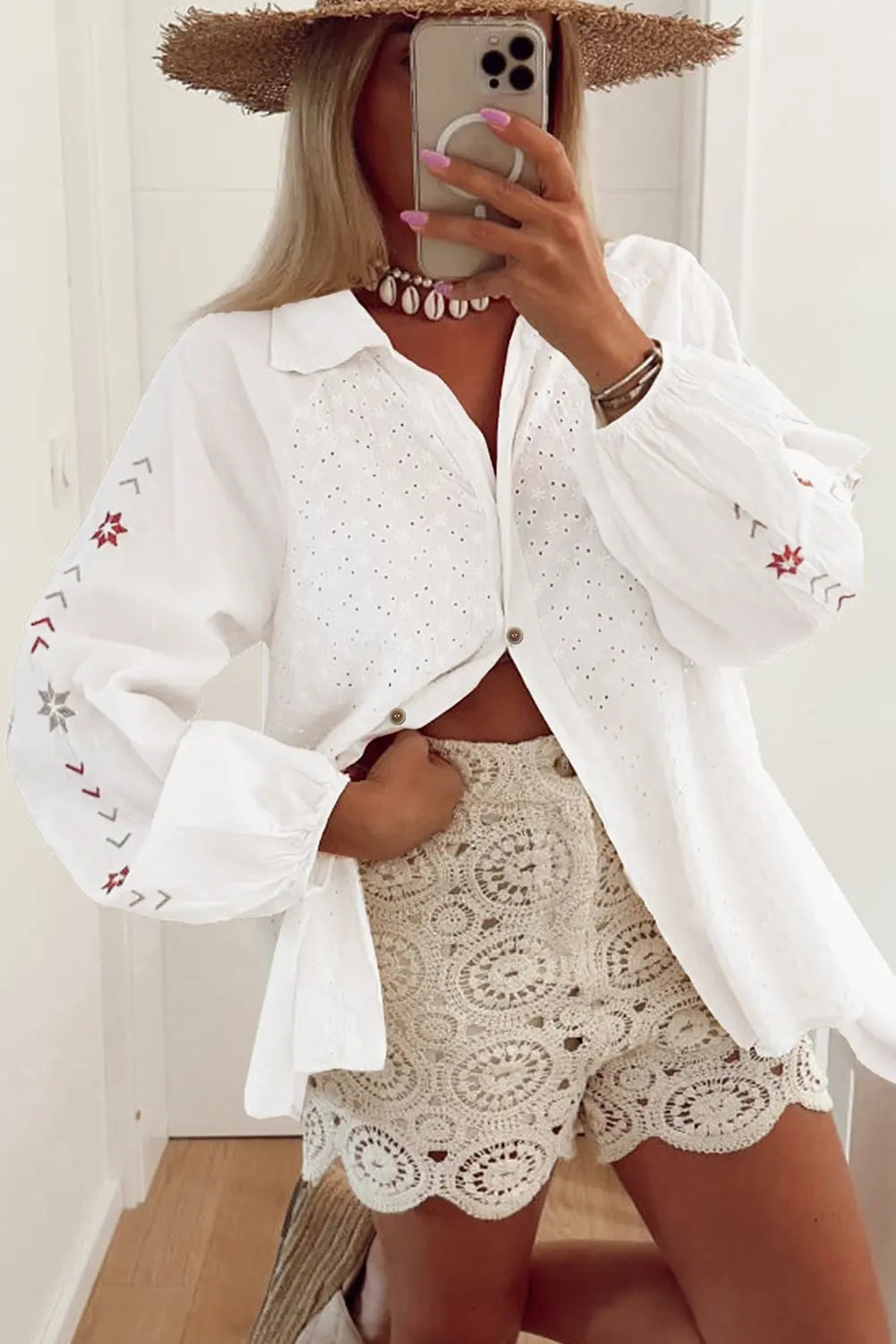 White Floral Embroidered Puff Sleeve Eyelet Patchwork Shirt - eAura