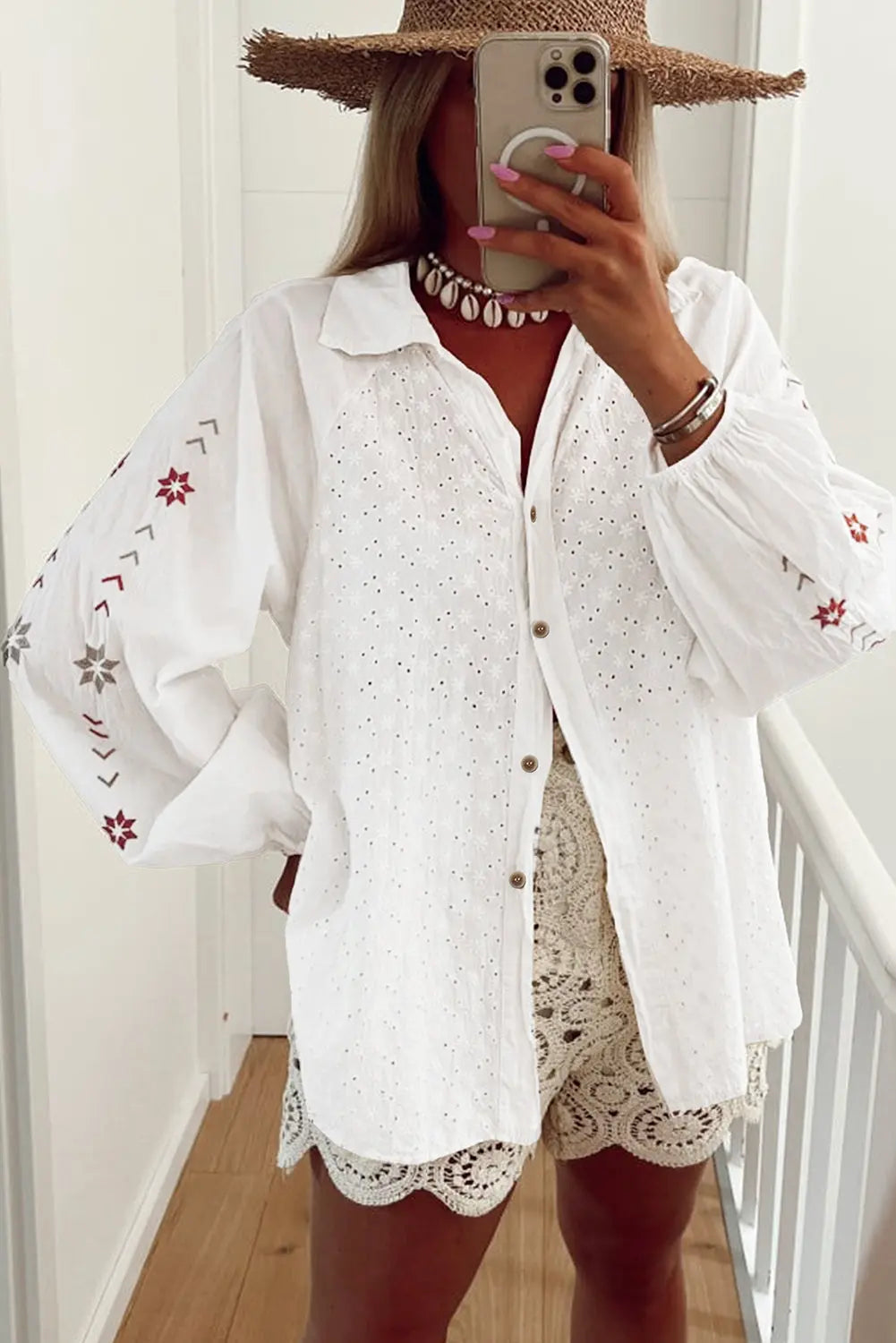 White Floral Embroidered Puff Sleeve Eyelet Patchwork Shirt - eAura