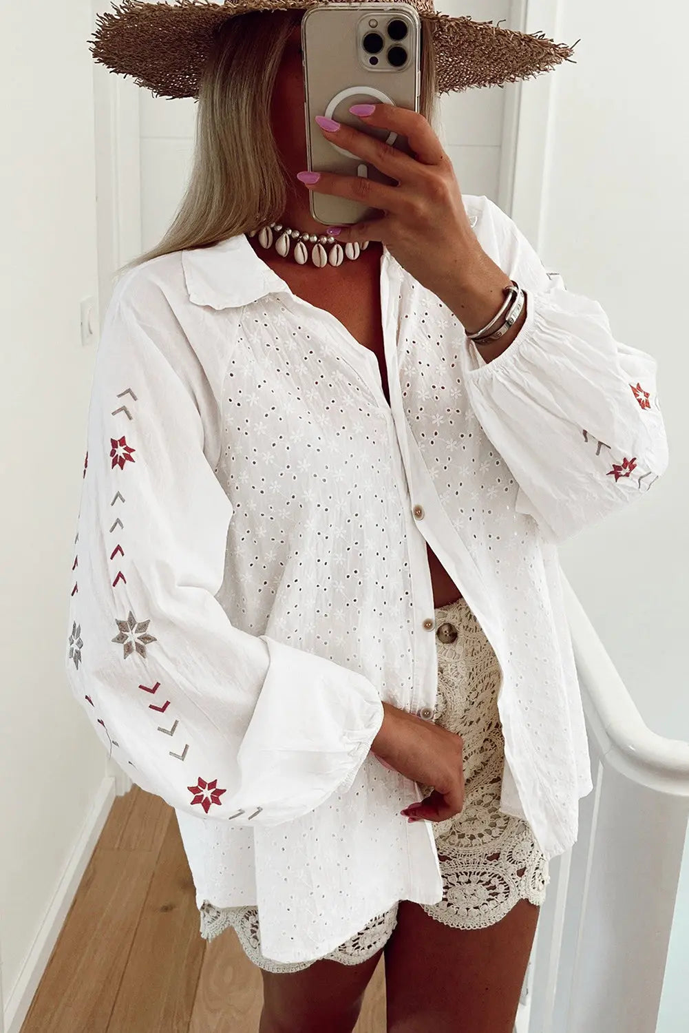 White Floral Embroidered Puff Sleeve Eyelet Patchwork Shirt - eAura