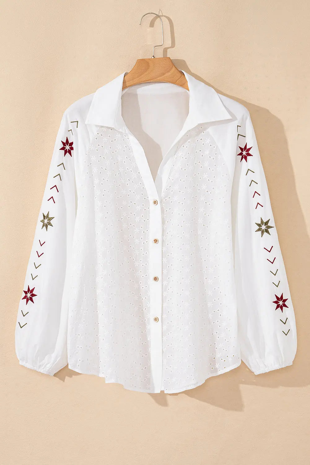 White Floral Embroidered Puff Sleeve Eyelet Patchwork Shirt - eAura