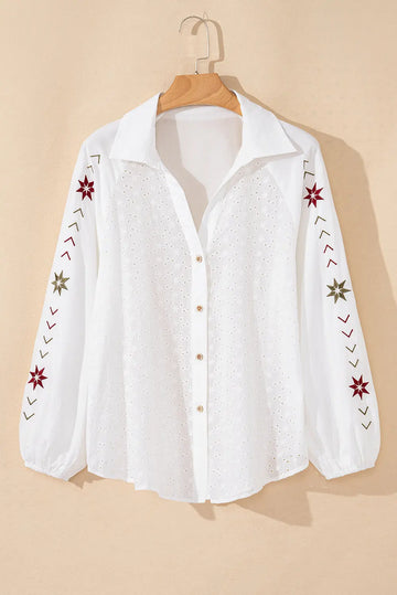 White Floral Embroidered Puff Sleeve Eyelet Patchwork Shirt - eAura