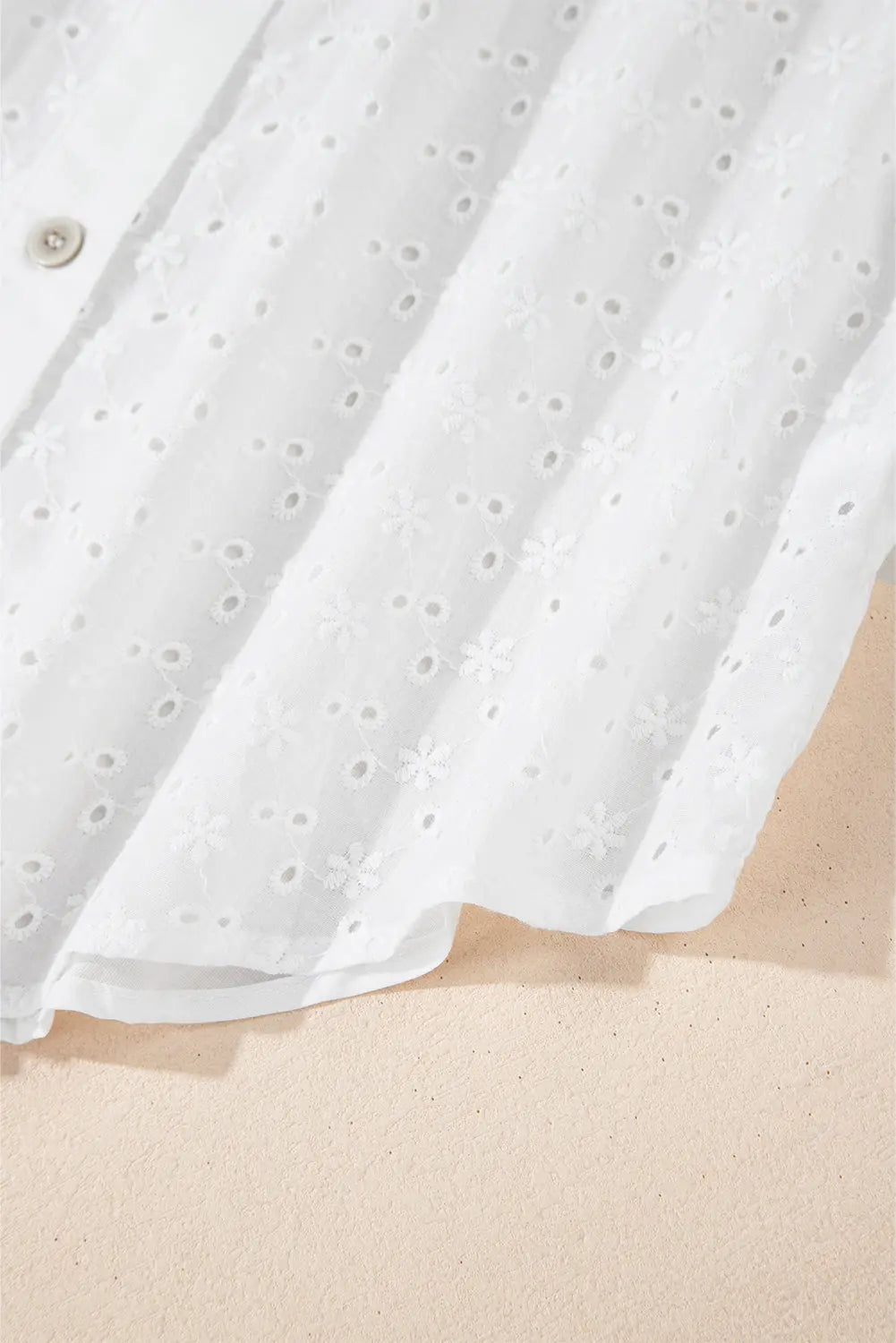 White Floral Embroidered Puff Sleeve Eyelet Patchwork Shirt - eAura
