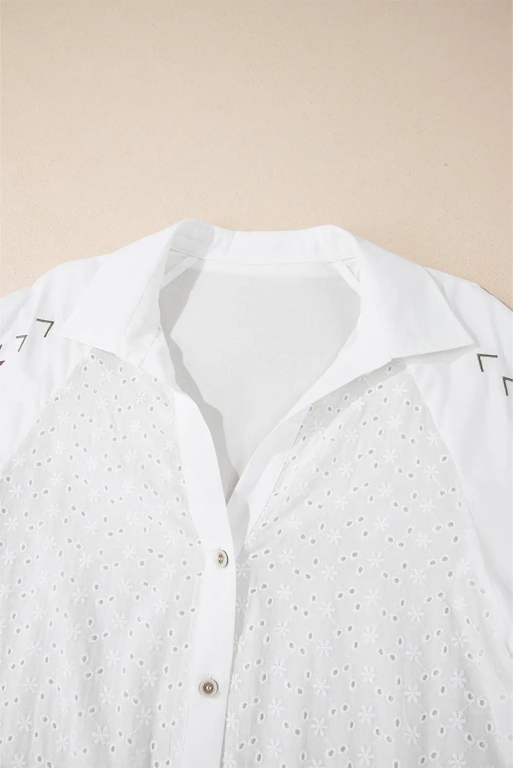 White Floral Embroidered Puff Sleeve Eyelet Patchwork Shirt - eAura