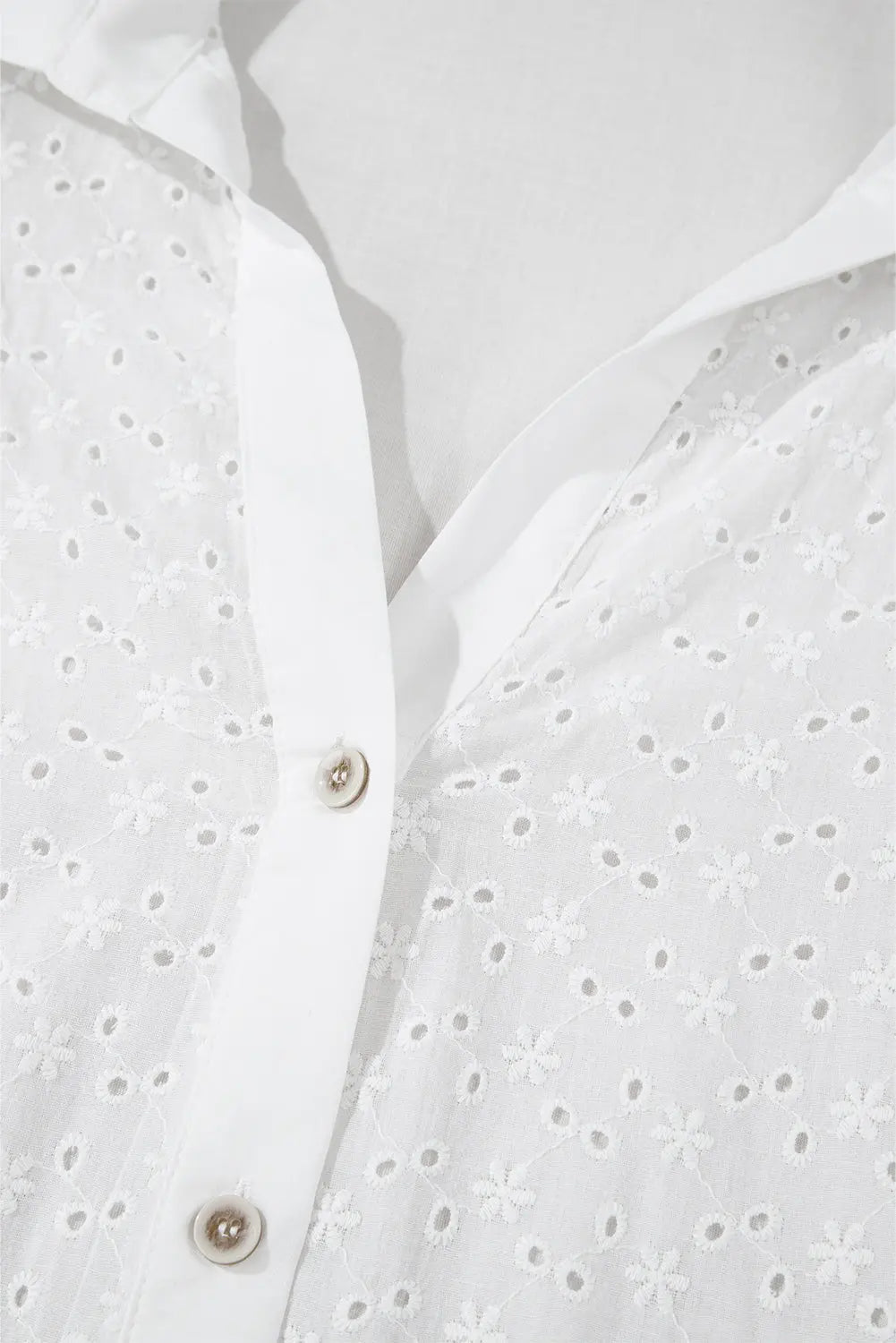 White Floral Embroidered Puff Sleeve Eyelet Patchwork Shirt - eAura