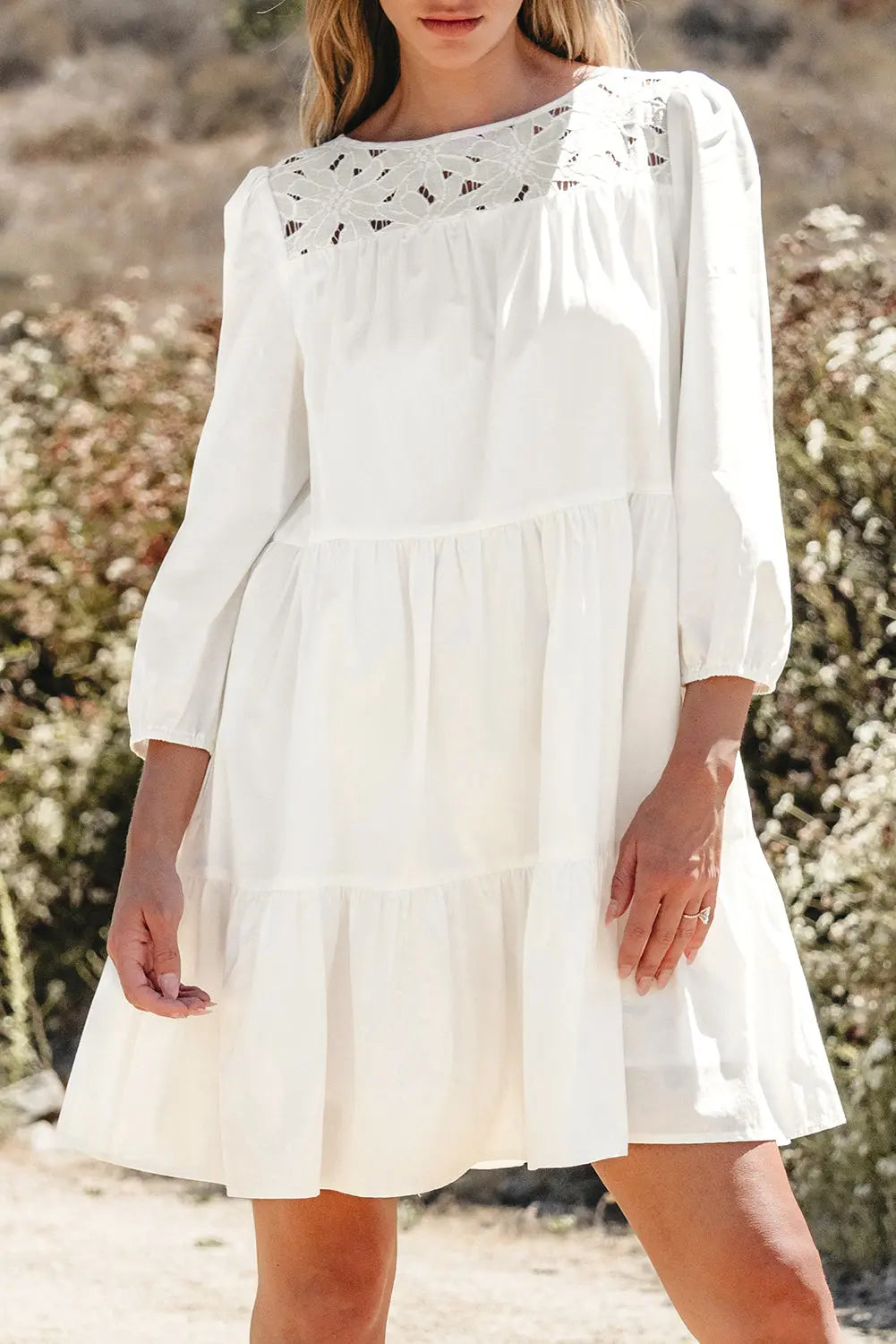 White Floral Lace Patchwork Bracelet Sleeve Tiered Mini Dress - eAura