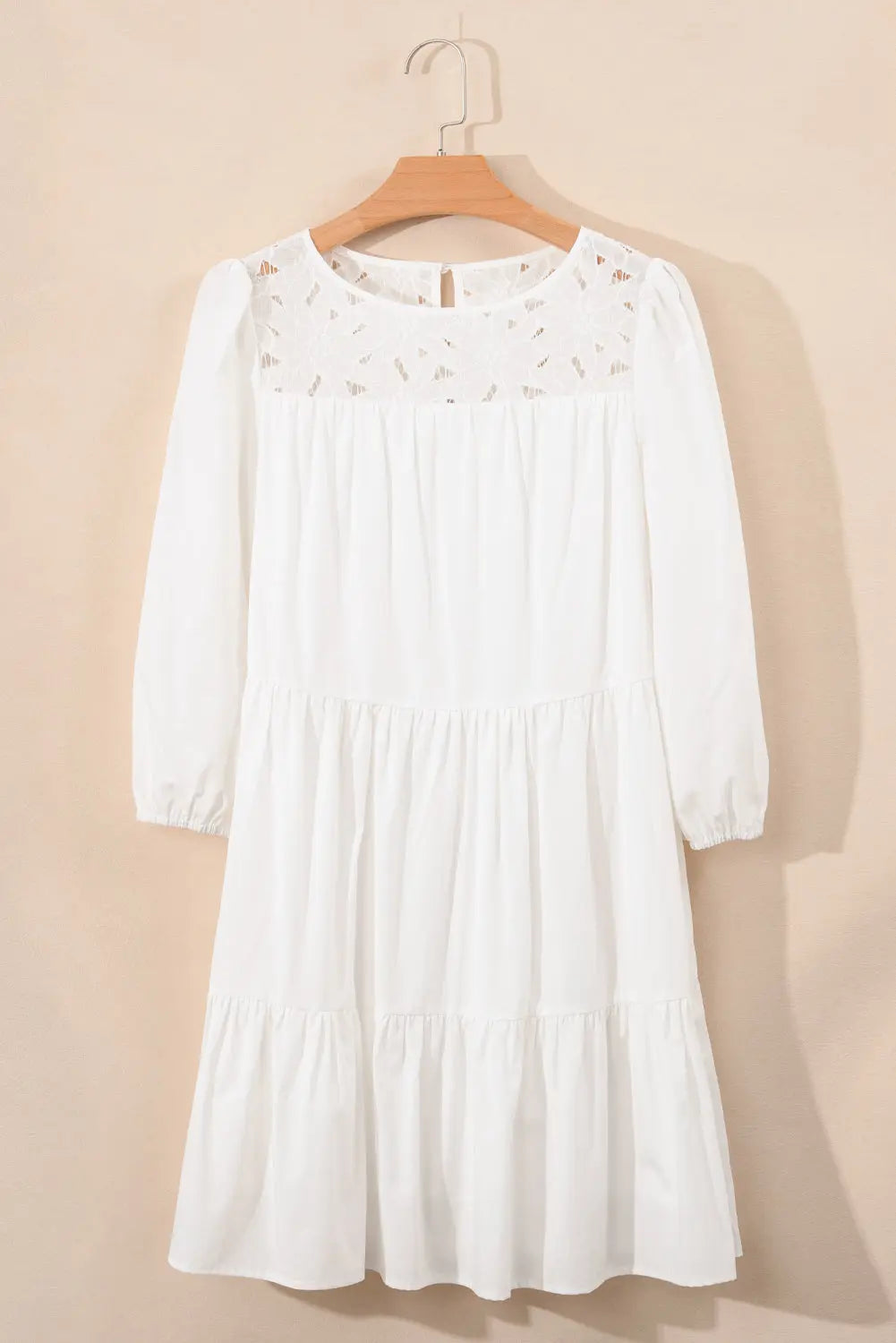 White Floral Lace Patchwork Bracelet Sleeve Tiered Mini Dress - eAura