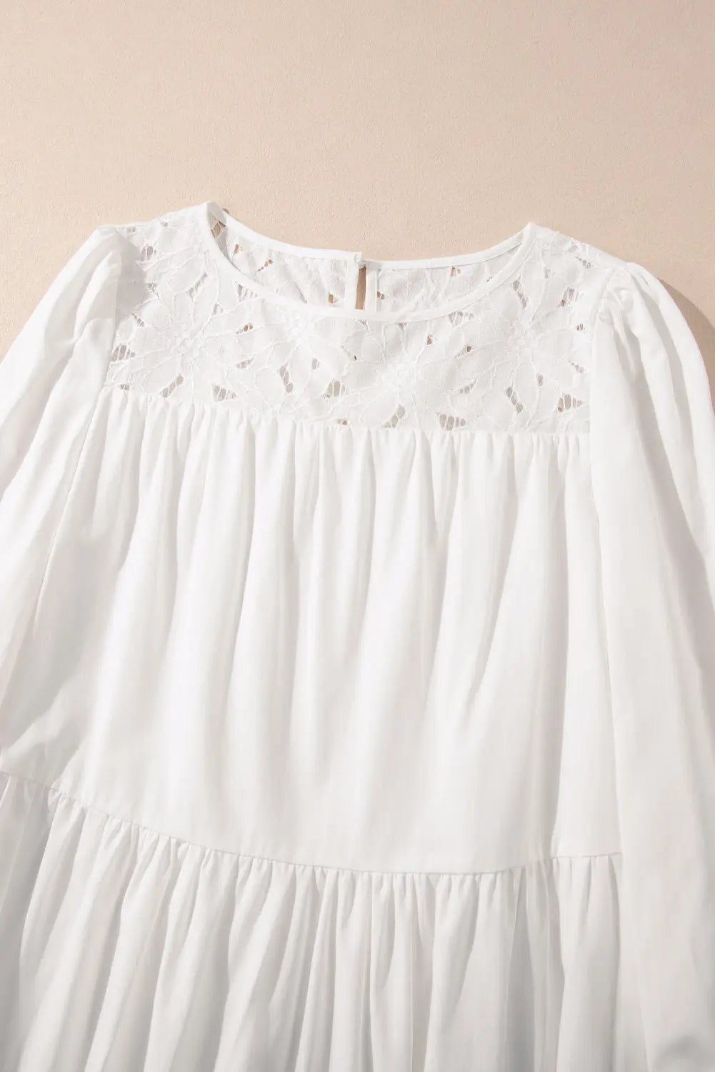 White Floral Lace Patchwork Bracelet Sleeve Tiered Mini Dress - eAura