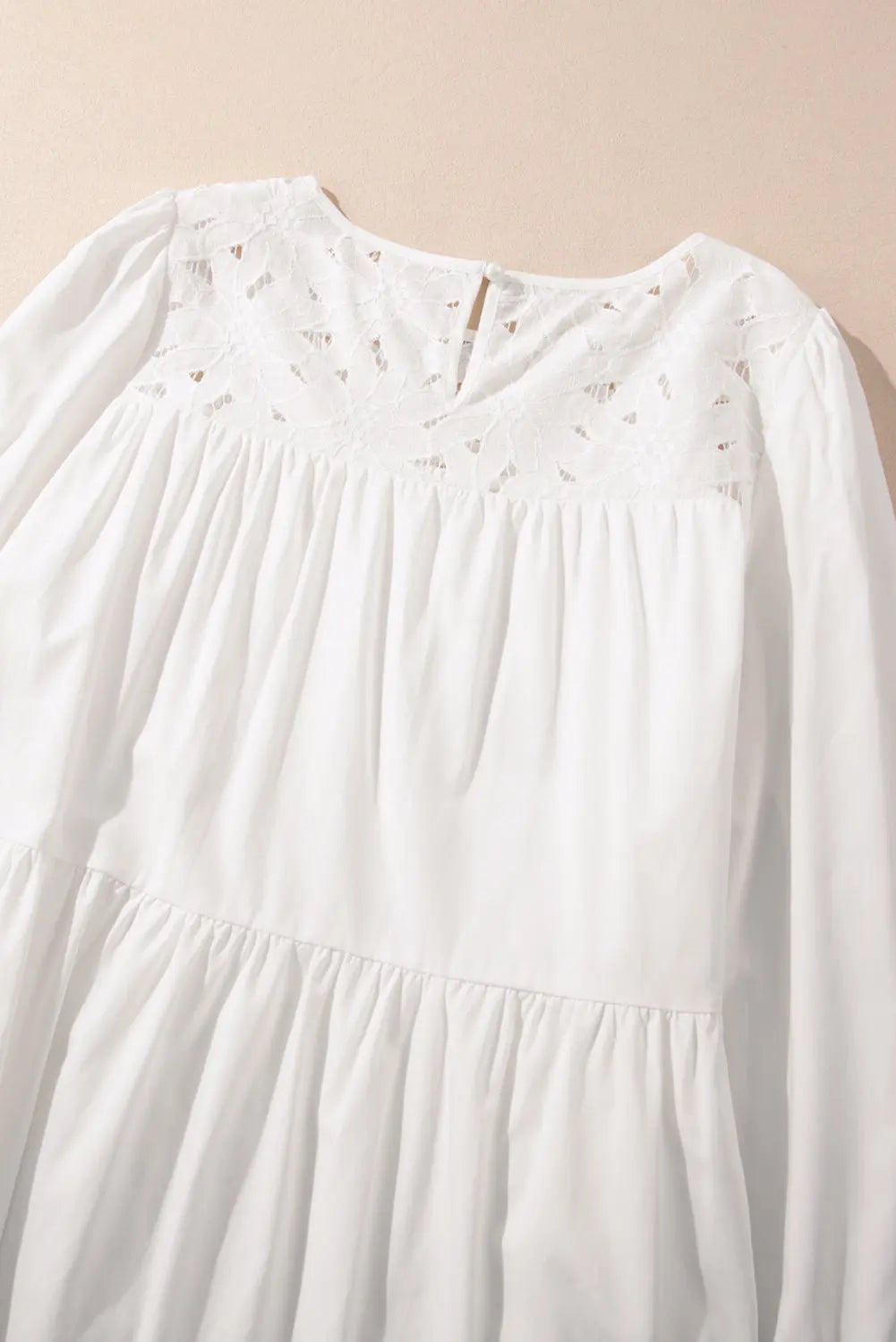 White Floral Lace Patchwork Bracelet Sleeve Tiered Mini Dress - eAura