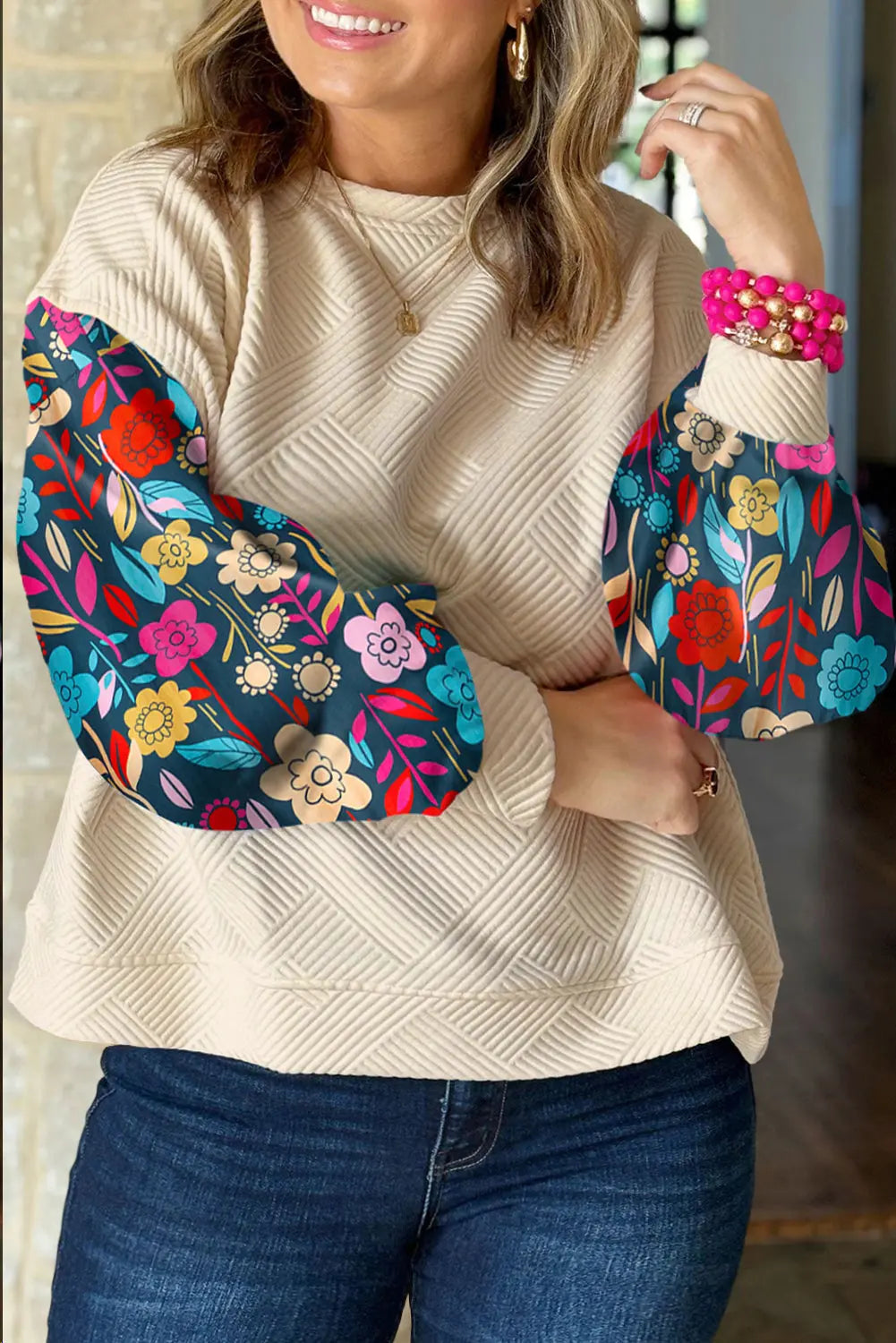 White Floral Patchwork Sleeve Textured Plus Size Pullover Top - eAura